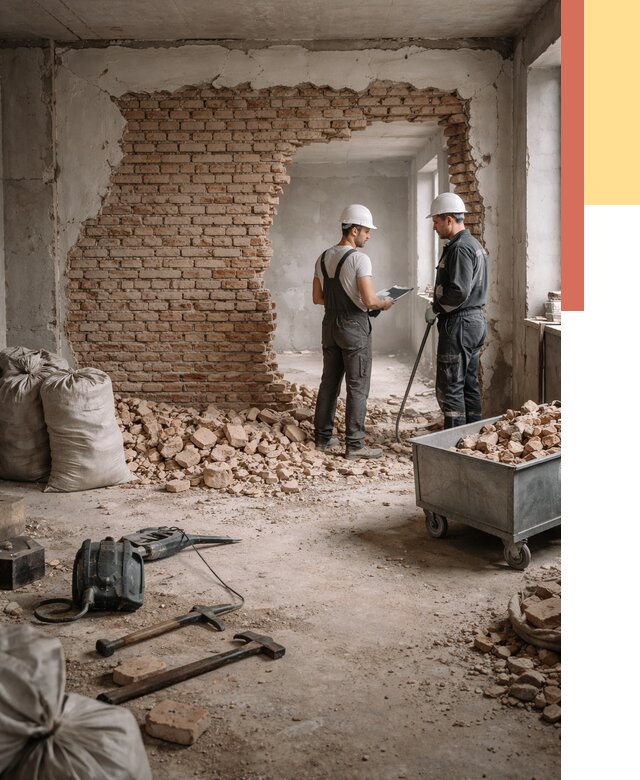 Демонтаж кирпичных стен в Кашире от 4374 руб. — быстро, недорого, под ключ | ОТДЕЛОЧНИК-Кшр