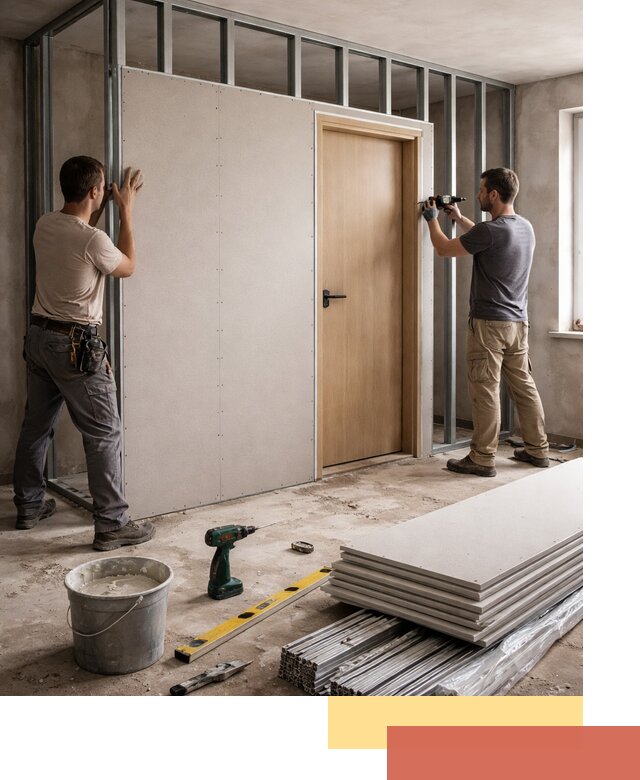 Перегородка из гипсокартона с дверью под ключ в Кашире