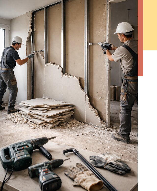 Демонтаж перегородки из гипсокартона в Кашире от 1250 руб. быстро и недорого | ОТДЕЛОЧНИК-Кшр