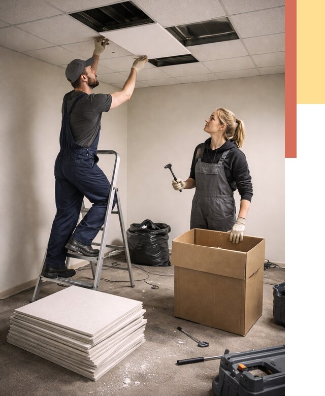 Демонтаж потолочной плитки в Кашире от 4686 руб. быстро и недорого | ОТДЕЛОЧНИК-Кшр