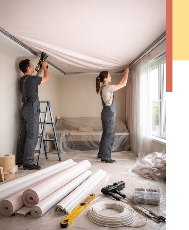 Монтаж цветного натяжного потолка в Кашире от 4374 руб/м² — быстро и недорого | ОТДЕЛОЧНИК-Кшр