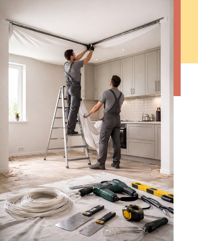 Установка натяжного потолка на кухне в Кашире от 2499 руб. | ОТДЕЛОЧНИК-Кшр