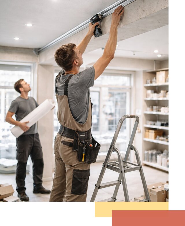 Монтаж натяжных потолков в магазине в Кашире