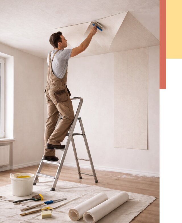 Поклейка обоев на потолок в Кашире от 4686 руб. быстро и недорого | ОТДЕЛОЧНИК-Кшр